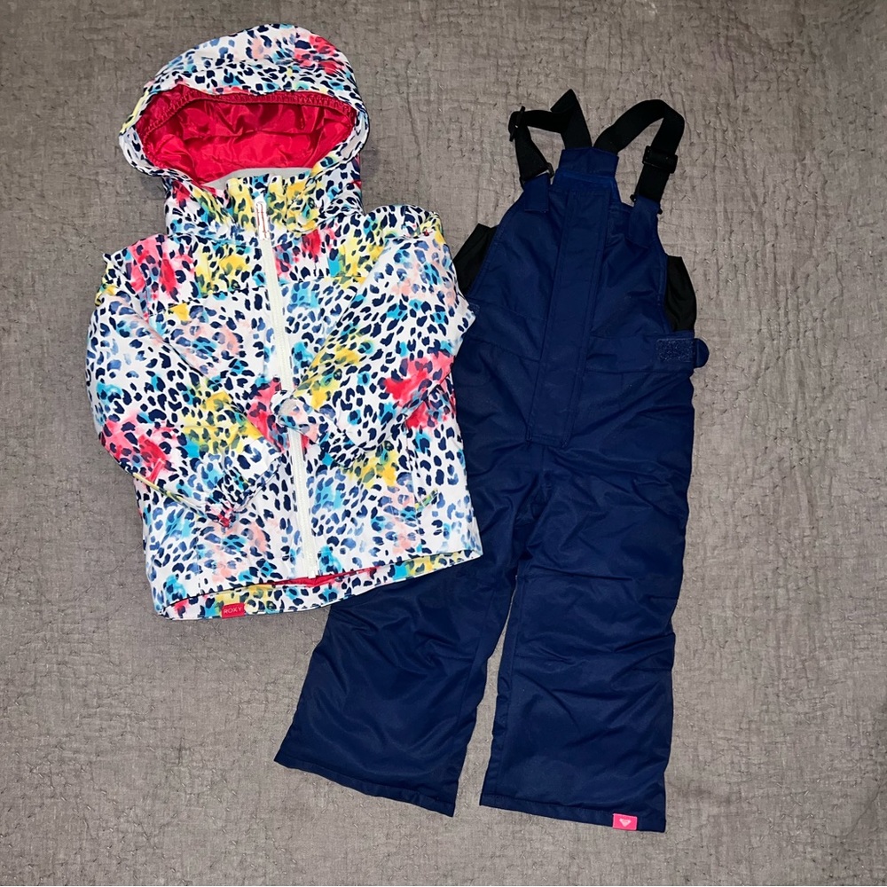 Roxy Multicolor Leopard Print Jacket and Blue Snow Pants Set